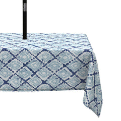 LVTXIII front view on patio table showing fit and boho blue pattern benefit: attractive protection
