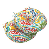 LVTXIII front view of two paisley ummi multi cushions, adds colorful patio seating