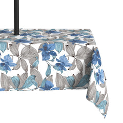 LVTXIII front view of Clemens Noir Blue tablecloth showing full pattern and neat hem benefit: instant patio refresh