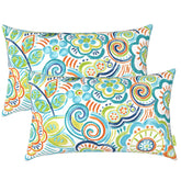 LVTXIII front view of two flower blue lumbar pillows showing design and packaging benefit