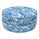 LVTXIII front view of blue bricks ottoman showing shape and comfort