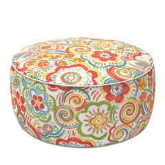 LVTXIII ottoman front view showing round pouf and floral design, portable comfort