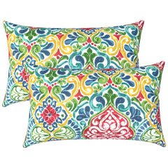 LVTXIII front view of two damask red lumbar pillows showing color and pattern benefit