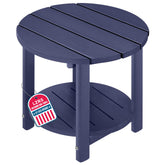 LZRS front view of navy round side table showing sturdy shape and weather resistance