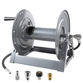 M MINGLE reel front view showing sturdy frame and neat hose storage benefit