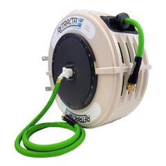 Macnaught front view of beige retractable hose reel showing neat storage benefit