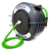 Macnaught front view of retractable hose reel showing compact storage and tidy hose management