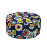 Magpie Fabrics front view of floral navy inflatable stool shows portable footrest benefit