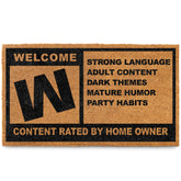MAINEVENT front view of rated M gamer door mat showing bold welcome graphic and size