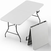 MAKE CHANGES front view of 6ft folding table showing stable setup and seating benefit