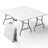 MAKE CHANGES front view of folded 6ft table showing compact storage and portability