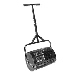 MAKEATREE front view of 16-inch compost spreader showing uniform roller benefit