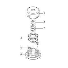 Makita spool close-up highlighting spring lock and feed mechanism for faster line loading