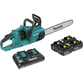 Makita XCU04PT1 front view with 16-inch guide bar showing cutting reach and balance