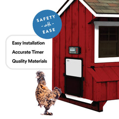 Manna Pro Harris Farms in use with door open and chickens exiting safely at dawn
