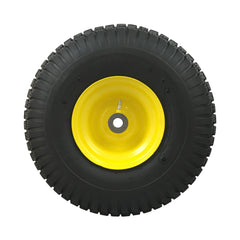 MARASTAR wheel installed on mower front axle illustrating quick bolt-on replacement