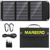 MARBERO front view of folded solar panel showing carry bag and compact form for travel