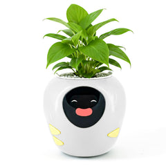 Masdio Plantbot front view showing white planter and animated screen, enhances desk décor
