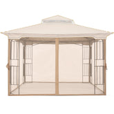 MASTERCANOPY front view of beige panels showing full gazebo coverage and insect protection