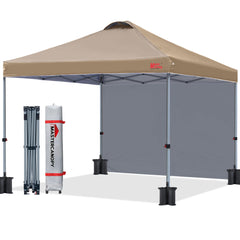 MASTERCANOPY front view khaki showing full canopy coverage and shade benefit