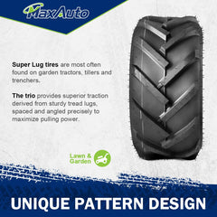MaxAuto tire mounted on a garden tractor demonstrating stable pull and handling