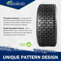 MaxAuto tire mounted on lawn tractor illustrating improved traction on grass