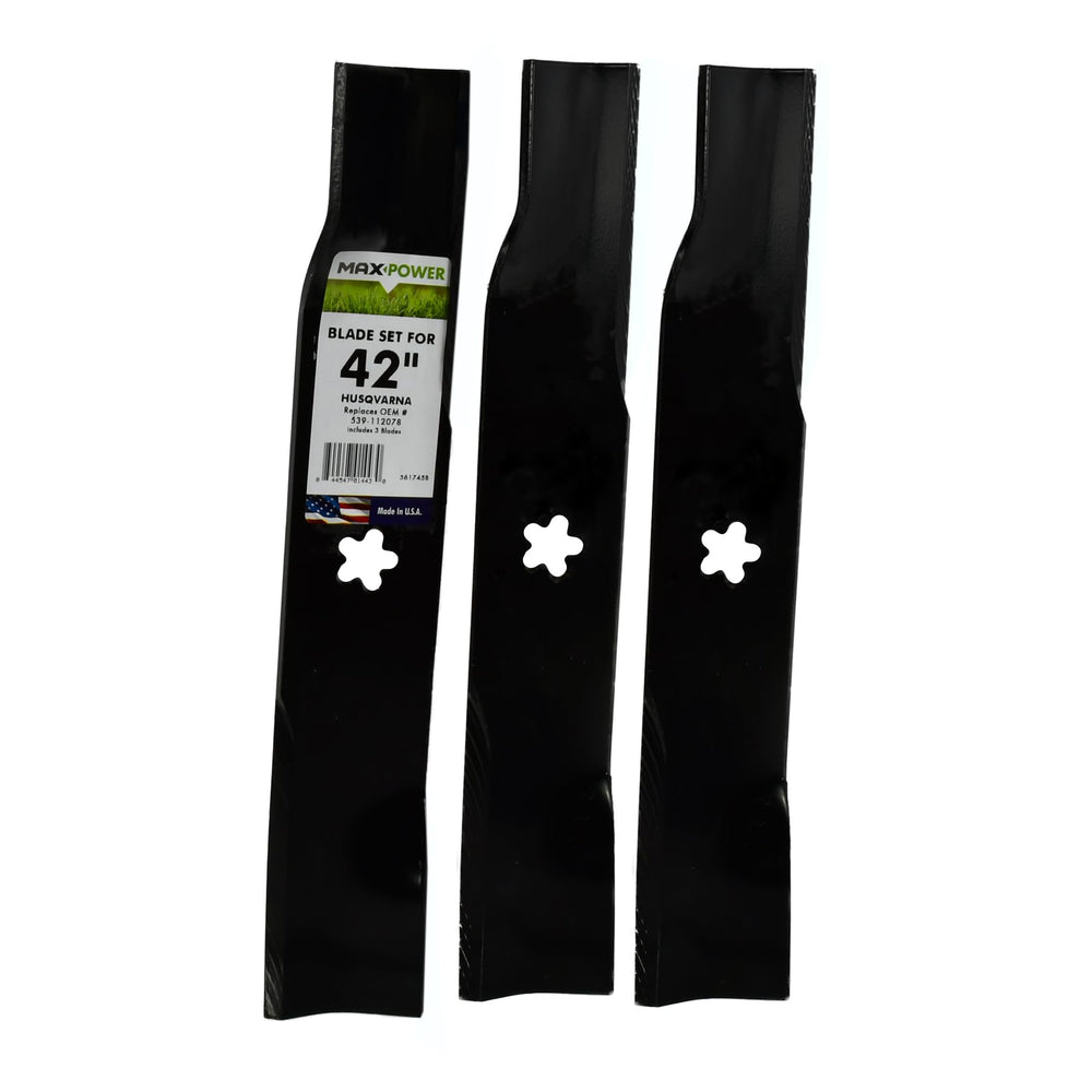 Maxpower 561745B front packaging showing three replacement blades and fit details