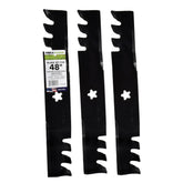Maxpower front view of three-blade mulching set showing ready-to-install blades and labeling benefit