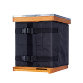 MayBee front view of wrap on two-deep hive showing full coverage and wind protection