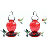 MCHBF front view of red glass feeder showing five ports and perch benefit: attracts birds
