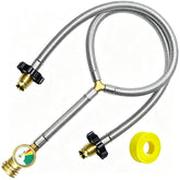 MEFUN front view of assembled Y-splitter showing dual hose connections and gauge, provides longer run time