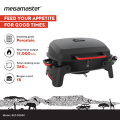 Megamaster stainless steel burner close-up for reliable 11,000 BTU performance benefit: fast heating