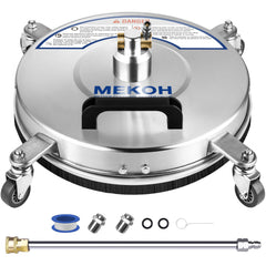 MEKOH front view of 14-inch surface cleaner showing sturdy stainless housing and wheels for fast cleaning