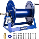 MEKOH reel front view mounted showing durable steel frame and space savings