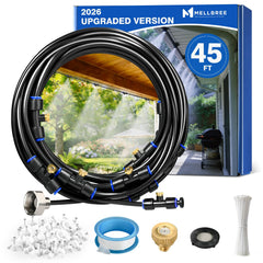 Mellbree front packaging showing complete 45ft patio mister kit and benefits