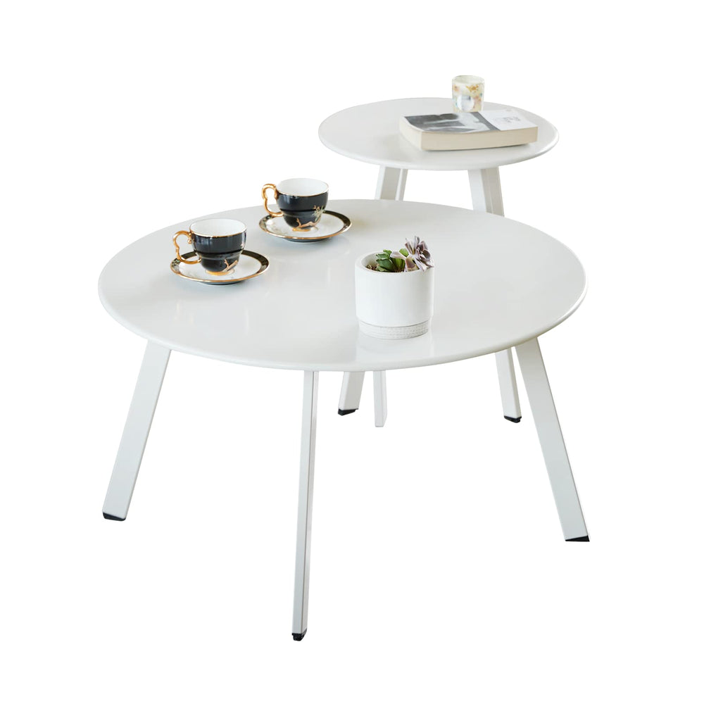 Meluvici front view of white nesting tables showing modern benefit of space-saving