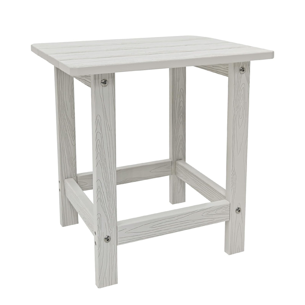 Meluvici white side table front view showing clean lines and weather resistance benefit