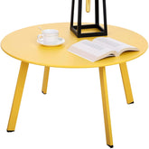 Meluvici front view of yellow round table showing clean minimalist look and practicality