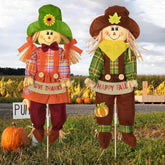 Meonum front view scarecrow showing plaid outfit and welcoming smile for warm curb appeal