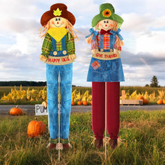 Meonum scarecrow front view showing denim outfit and welcoming expression