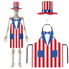 Mepase front view of 12ft skeleton in patriotic hat and apron for bold curb appeal