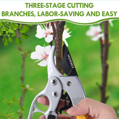 MEPEREZ shears cutting a branch to show easy 1-inch capacity and efficient trimming