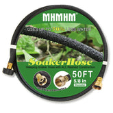 MHMHM soaker hose front packaging showing 50ft length and features for efficient watering