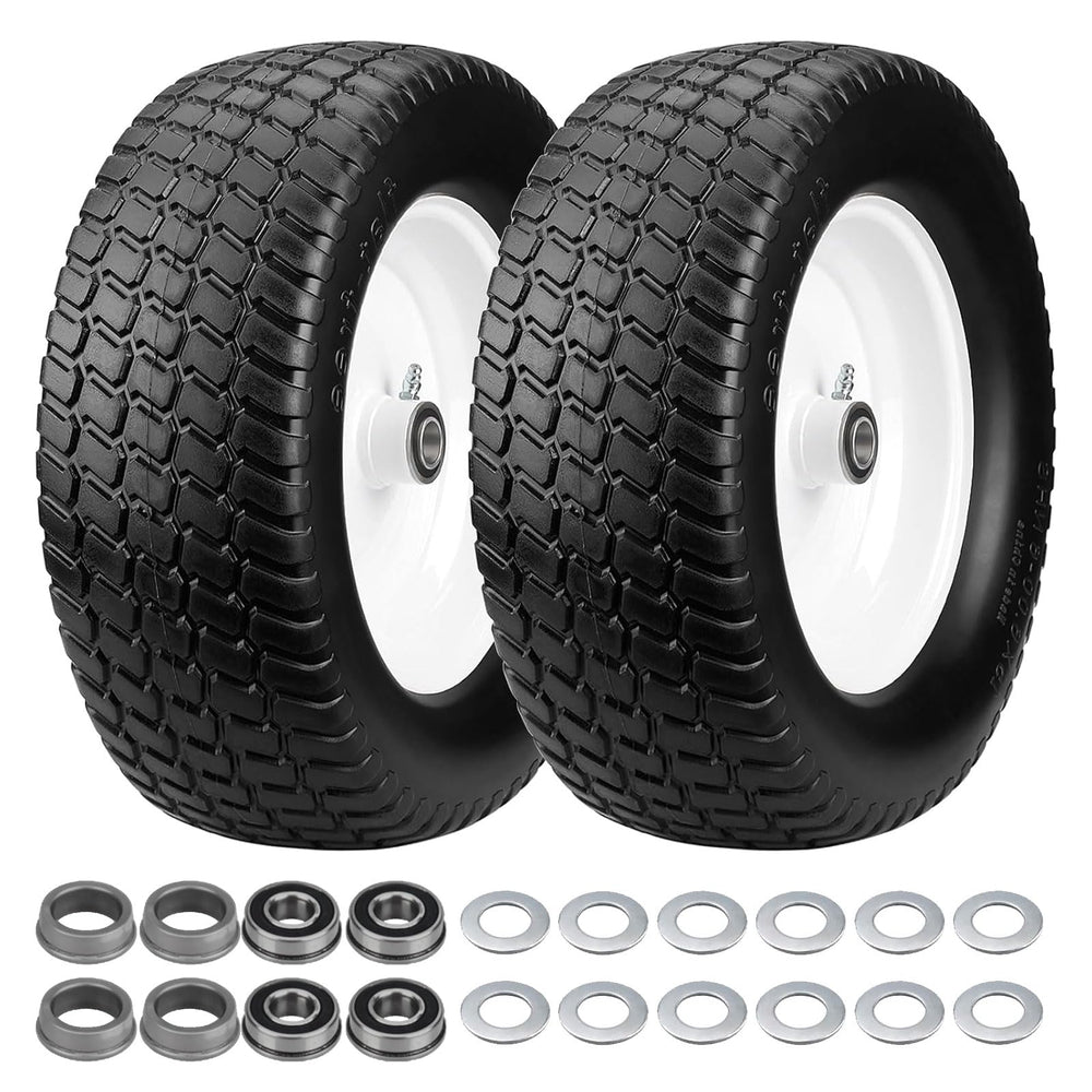 Midcos front view of mounted 15x6.00-6 wheel showing solid tire, reduces flats