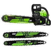 Mikogo chainsaw front view showing entire saw and sharp bar, ready to cut