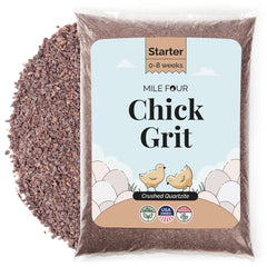Mile Four front packaging showing 50 lb starter grit, clear bulk value