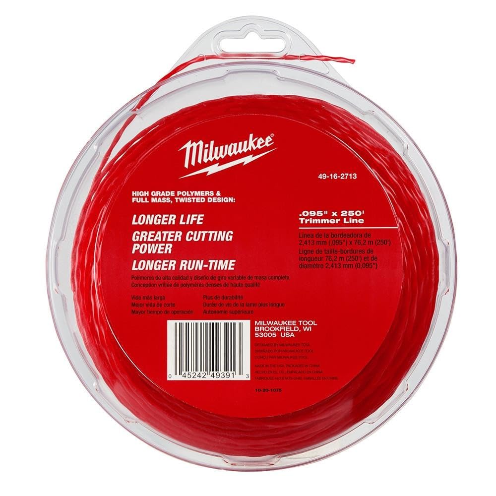 Milwaukee spool front view showing .095 250' line, durable and long‑lasting