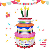 MIMI FUNN front view of the three-tier inflatable cake showing festive colors and lettering benefit: instant party centerpiece