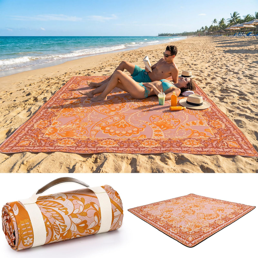 Mindsoft full spread orange boho blanket showing size and vibrant pattern for comfortable picnics