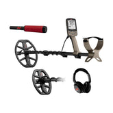 MINELAB X-Terra Elite Expedition front view showing complete detector and accessories, clear identification benefit